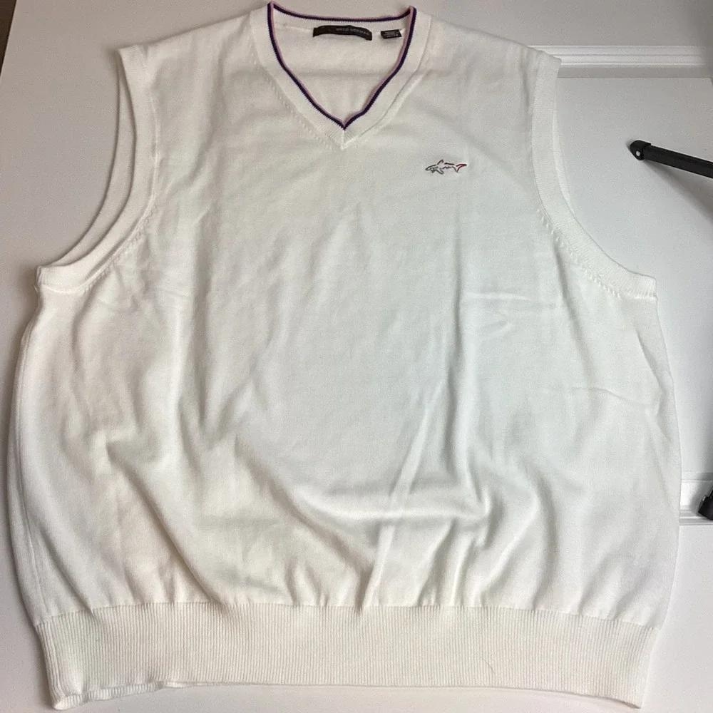Greg Norman Mens XL White V-Neck Golf Sweater Vest Shark Logo Blue Pink Trim